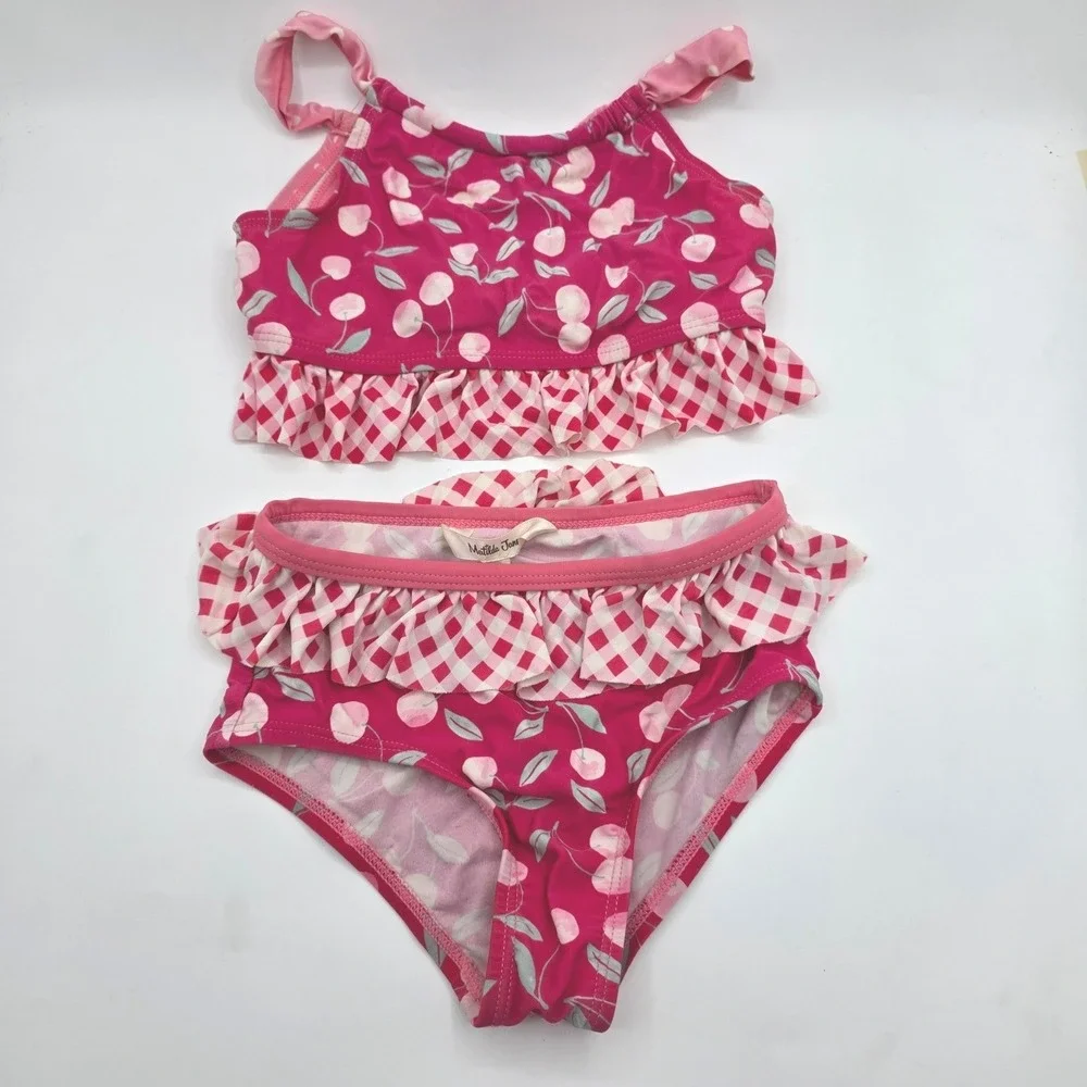 Matilda Jane Girls Cherry Gingham Ruffle Two Piece Bikini Swimsuit‎ Pink Size 6